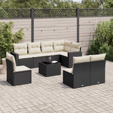 Set mobilier de grădină cu perne, 9 piese, negru, poliratan - Img 1