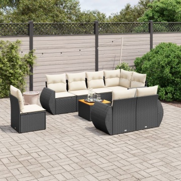 Set mobilier de grădină cu perne, 9 piese, negru, poliratan - Img 1
