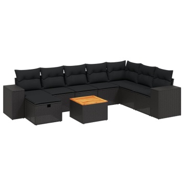 Set mobilier de grădină cu perne, 9 piese, negru, poliratan - Img 2