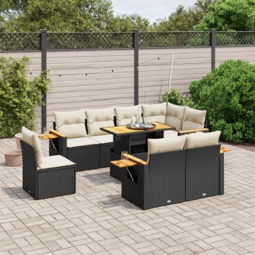 Set mobilier de grădină cu perne, 9 piese, negru, poliratan - Img 1