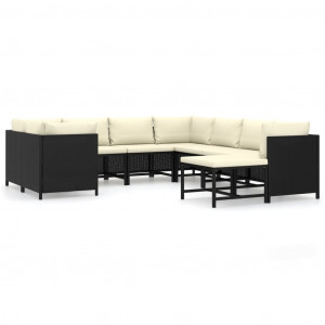 Set mobilier de grădină cu perne, 9 piese, negru, poliratan - Img 1