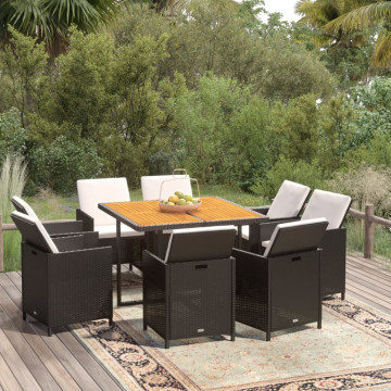 Set mobilier de grădină cu perne, 9 piese, negru, poliratan - Img 1