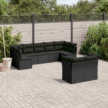 Set mobilier de grădină cu perne, 9 piese, negru, poliratan - Img 1