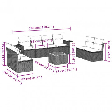 Set mobilier de grădină cu perne, 9 piese, negru, poliratan - Img 7