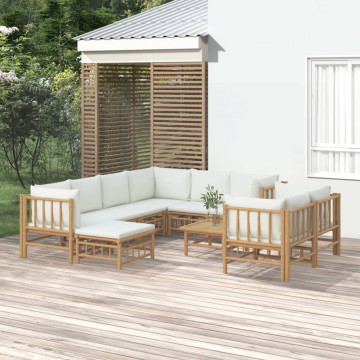 Set mobilier de grădină, cu perne alb crem, 10 piese, bambus - Img 1