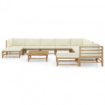 Set mobilier de grădină, cu perne alb crem, 11 piese, bambus - Img 2