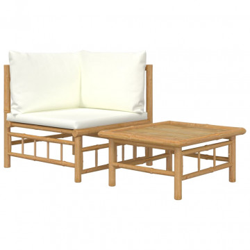 Set mobilier de grădină cu perne alb crem, 2 piese, bambus - Img 2