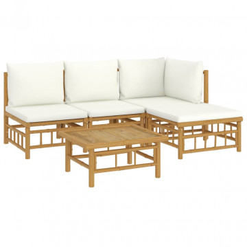 Set mobilier de grădină cu perne alb crem, 2 piese, bambus - Img 3