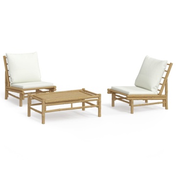Set mobilier de grădină, cu perne alb crem, 3 piese, bambus - Img 2