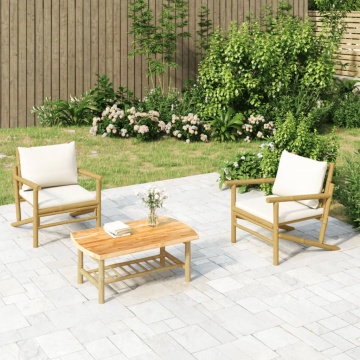 Set mobilier de grădină, cu perne alb crem, 3 piese, bambus - Img 1