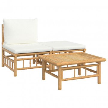 Set mobilier de grădină, cu perne alb crem, 3 piese, bambus - Img 2