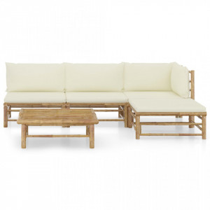 Set mobilier de grădină cu perne alb crem, 5 piese, bambus - Img 2