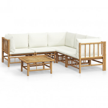 Set mobilier de grădină cu perne alb crem, 6 piese, bambus - Img 2