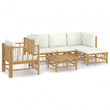 Set mobilier de grădină cu perne alb crem, 6 piese, bambus - Img 2