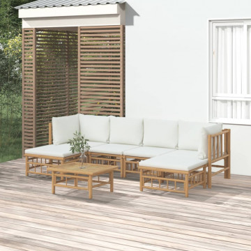 Set mobilier de grădină cu perne alb crem, 7 piese, bambus - Img 1