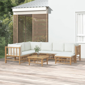 Set mobilier de grădină, cu perne alb crem, 8 piese, bambus - Img 1