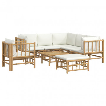 Set mobilier de grădină, cu perne alb crem, 8 piese, bambus - Img 3