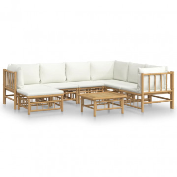 Set mobilier de grădină, cu perne alb crem, 8 piese, bambus - Img 2