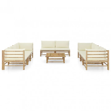 Set mobilier de grădină, cu perne alb crem, 9 piese, bambus - Img 2