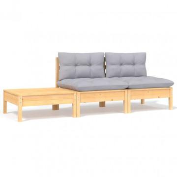 Set mobilier de grădină cu perne gri, 3 piese, lemn masiv pin - Img 1