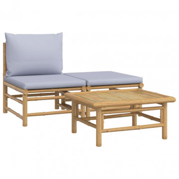 Set mobilier de grădină cu perne gri deschis, 3 piese, bambus - Img 2