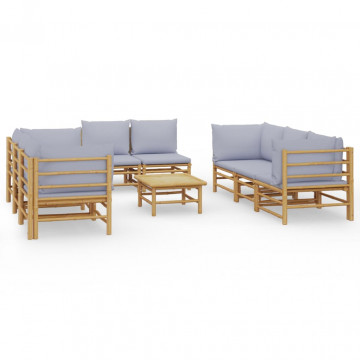 Set mobilier de grădină cu perne gri deschis, 9 piese, bambus - Img 2