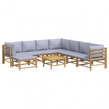 Set mobilier de grădină cu perne gri deschis, 9 piese, bambus - Img 3