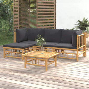 Set mobilier de grădină cu perne gri închis, 5 piese, bambus - Img 1