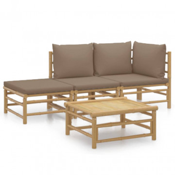 Set mobilier de grădină cu perne gri taupe, 4 piese, bambus - Img 2