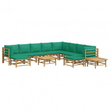 Set mobilier de grădină cu perne verzi, 12 piese, bambus - Img 3