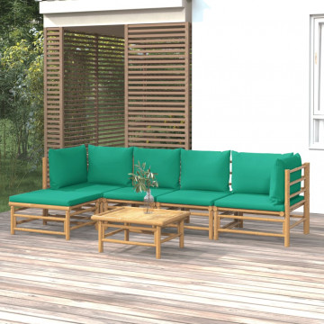 Set mobilier de grădină cu perne verzi, 6 piese, bambus - Img 1