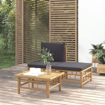 Set mobilier de grădină, perne gri închis, 3 piese, bambus - Img 1