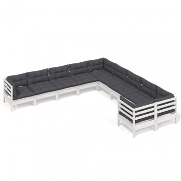 Set mobilier grădină cu perne, 10 piese, alb, lemn de pin - Img 2