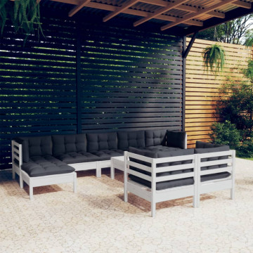 Set mobilier grădină cu perne, 10 piese, alb, lemn masiv pin - Img 1