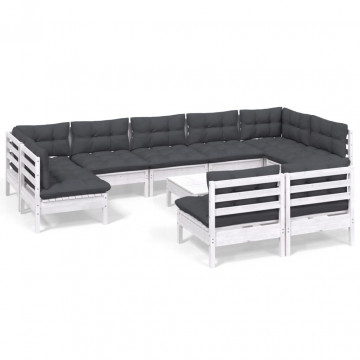 Set mobilier grădină cu perne, 10 piese, alb, lemn masiv pin - Img 2