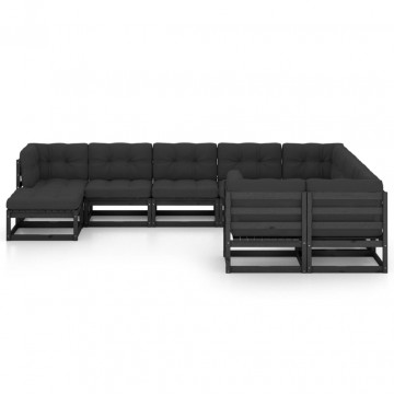 Set mobilier grădină cu perne, 10 piese, negru, lemn masiv pin - Img 2
