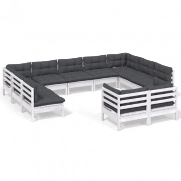 Set mobilier grădină cu perne, 11 piese, alb, lemn masiv de pin - Img 2