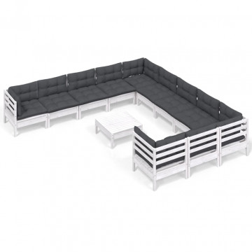 Set mobilier grădină cu perne, 12 piese, alb, lemn de pin - Img 2