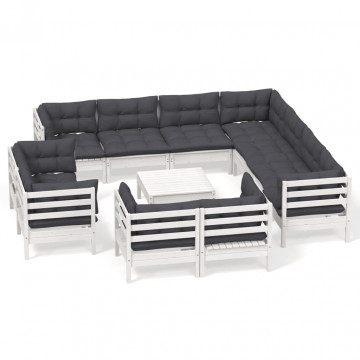 Set mobilier grădină cu perne, 12 piese, alb, lemn masiv pin - Img 2
