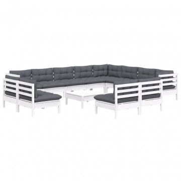 Set mobilier grădină cu perne, 13 piese, alb, lemn masiv pin - Img 3