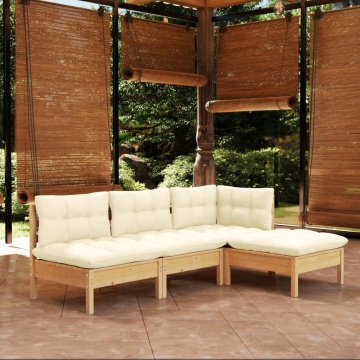 Set mobilier grădină cu perne, 4 piese, crem, lemn de pin - Img 1