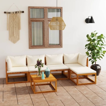 Set mobilier grădină cu perne, 6 piese, crem, lemn masiv acacia - Img 1