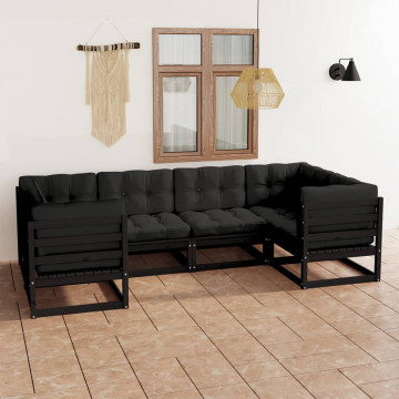 Set mobilier grădină cu perne, 6 piese, negru, lemn masiv pin - Img 1