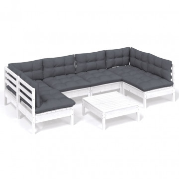 Set mobilier grădină cu perne, 7 piese, alb, lemn masiv de pin - Img 2