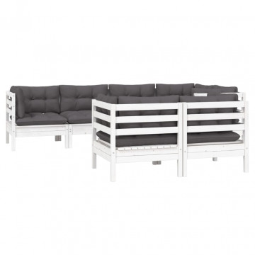 Set mobilier grădină cu perne, 7 piese, alb, lemn masiv de pin - Img 3