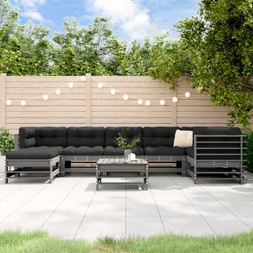 Set mobilier grădină cu perne, 8 piese, gri, lemn masiv - Img 1