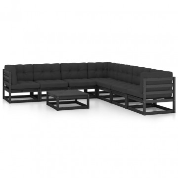 Set mobilier grădină cu perne, 8 piese, negru, lemn masiv pin - Img 1