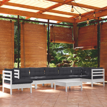 Set mobilier grădină cu perne, 9 piese, alb, lemn masiv pin - Img 1