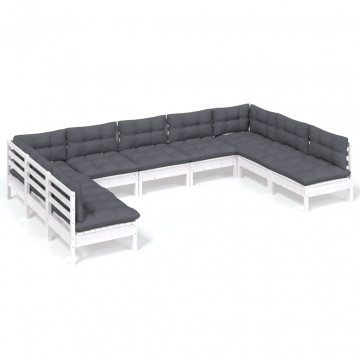 Set mobilier grădină cu perne, 9 piese, alb, lemn masiv pin - Img 2