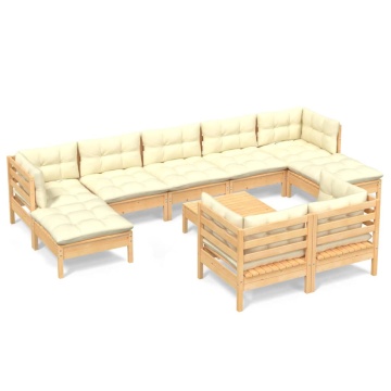 Set mobilier grădină cu perne crem, 10 piese, lemn masiv de pin - Img 2